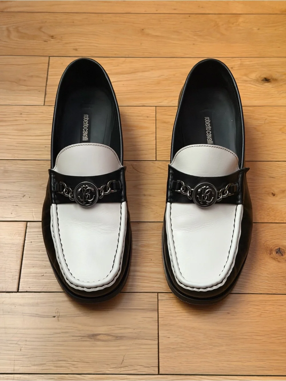 Roberto Cavalli Black and White Leather Loafers